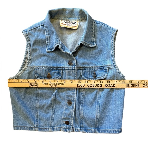 Vintage “Tickets” Blue Denim Crop Denim Vest Top - Picture 13 of 16